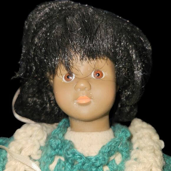 Wang’s International 1991 Porcelain Doll in Handmade Green & Cream Crochet Dress - Picture 2 of 8